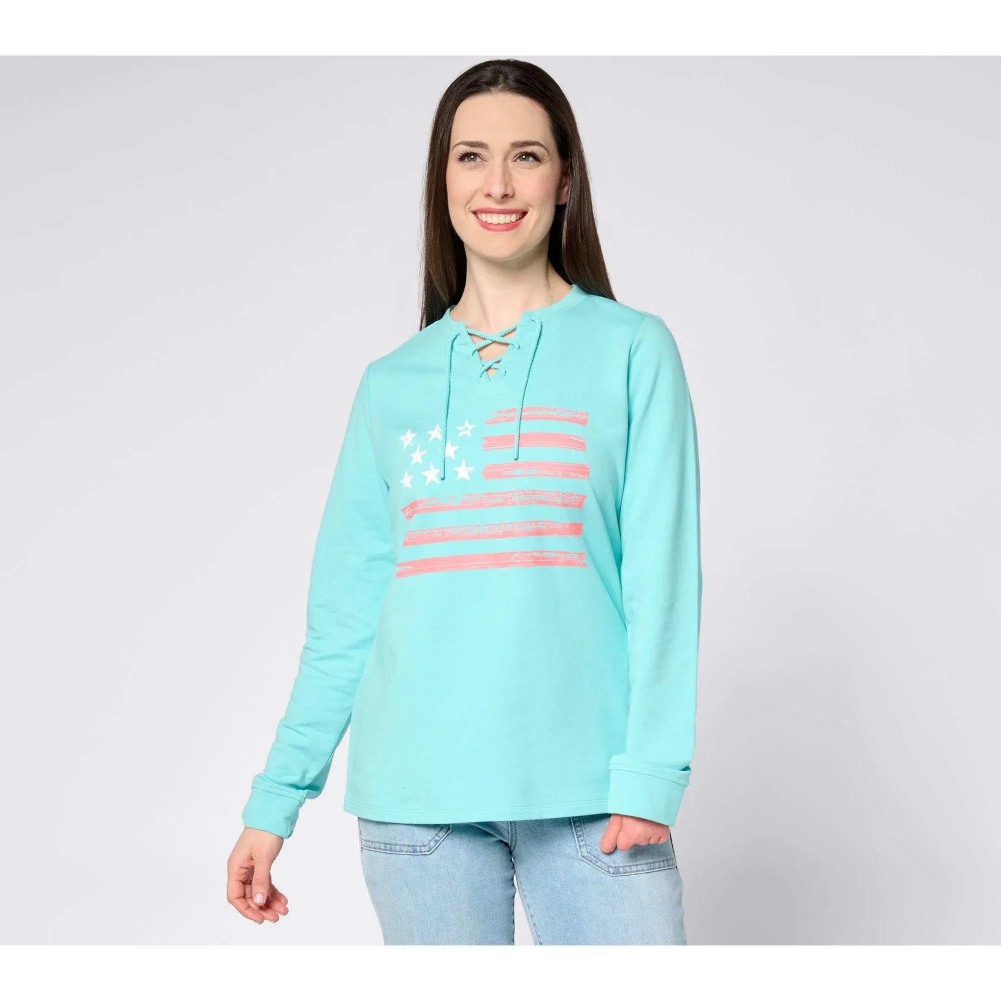 Denim & Co. Active Americana Flag French Terry Sweatshirt