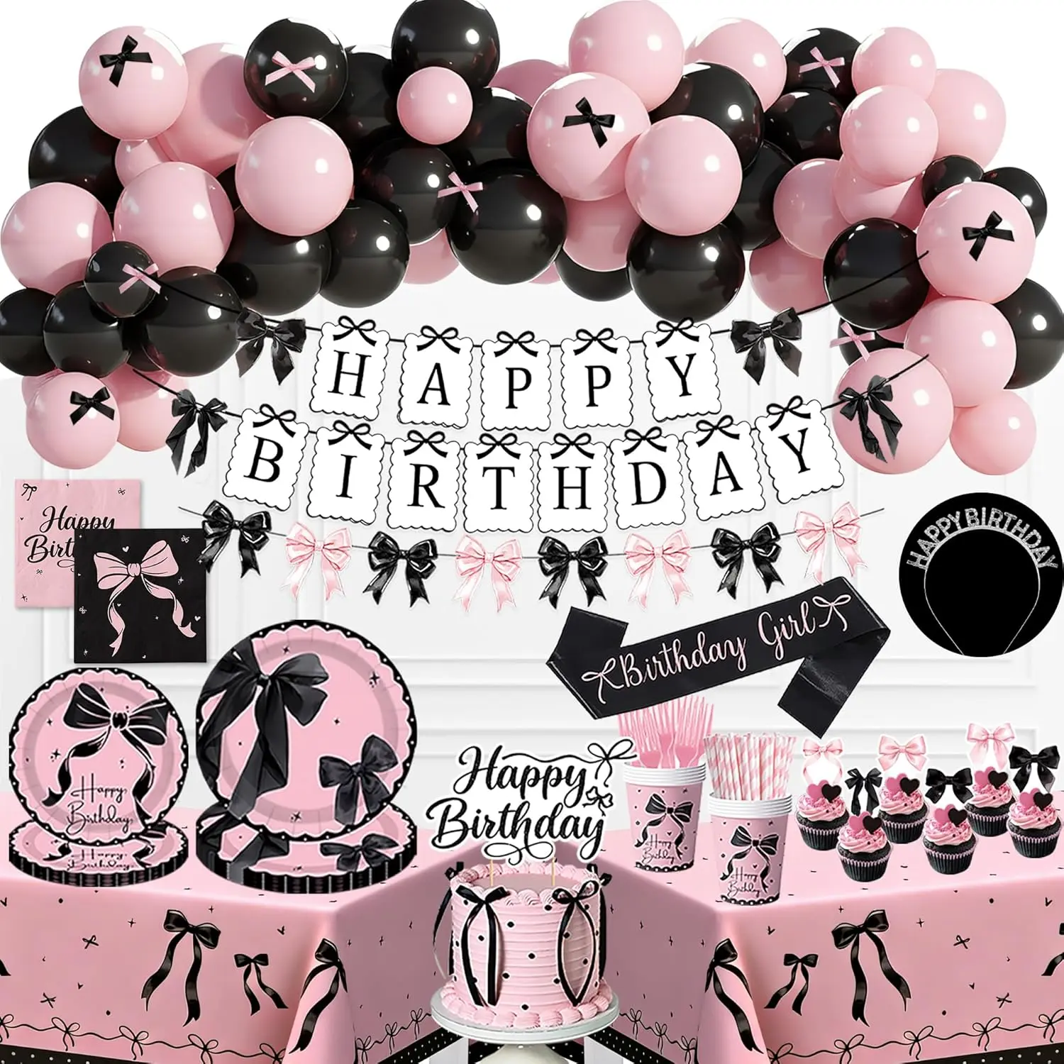 Pink Black Bow Birthday Party Decorations, 237PCs Coquette Birthday Decorations Include Happy Birthday Bow Banner Balloons Bow Plates Napkins Cups Tableclo