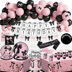 Pink Black Bow Birthday Party Decorations, 237PCs Coquette Birthday Decorations Include Happy Birthday Bow Banner Balloons Bow Plates Napkins Cups Tableclo