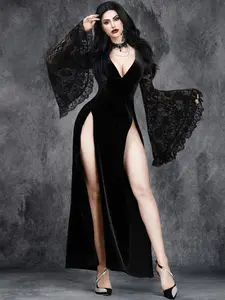 Gothic Vintage Deep V Lace Patchwork Velvet Split Flare Sleeve Long Fitted Slimming Aesthetic Dress, Womenswear Elegant Casual All-Seasons Wear, No Accessories Included