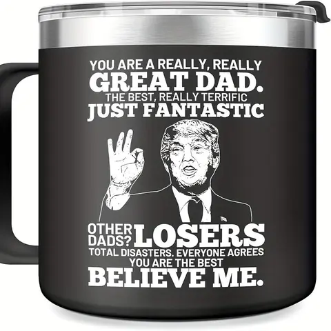 14Oz (0-500ml) Stainless Steel Temp-Insulated Dad Tumbler - Leak-Proof Lid, Easy-Grip Casual Portable Reusable Washable Coffee Mug for Dads, Novelty Trump-Print Fathersdaygift with Black-Trophy/Blue-Armcandy Designs, Sohochic Temp-Insulated Sip Drinkware