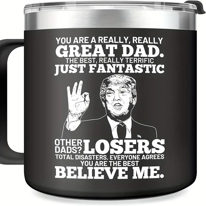14Oz (0-500ml) Stainless Steel Temp-Insulated Dad Tumbler - Leak-Proof Lid, Easy-Grip Casual Portable Reusable Washable Coffee Mug for Dads, Novelty Trump-Print Fathersdaygift with Black-Trophy/Blue-Armcandy Designs, Sohochic Temp-Insulated Sip Drinkware