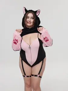 KORURACLUB Women's Soft Colorblock Bodysuit, Cute Fox Ear Hood Fashion Outfit with Paw-Print Sleeve & Adjustable Straps for Parties