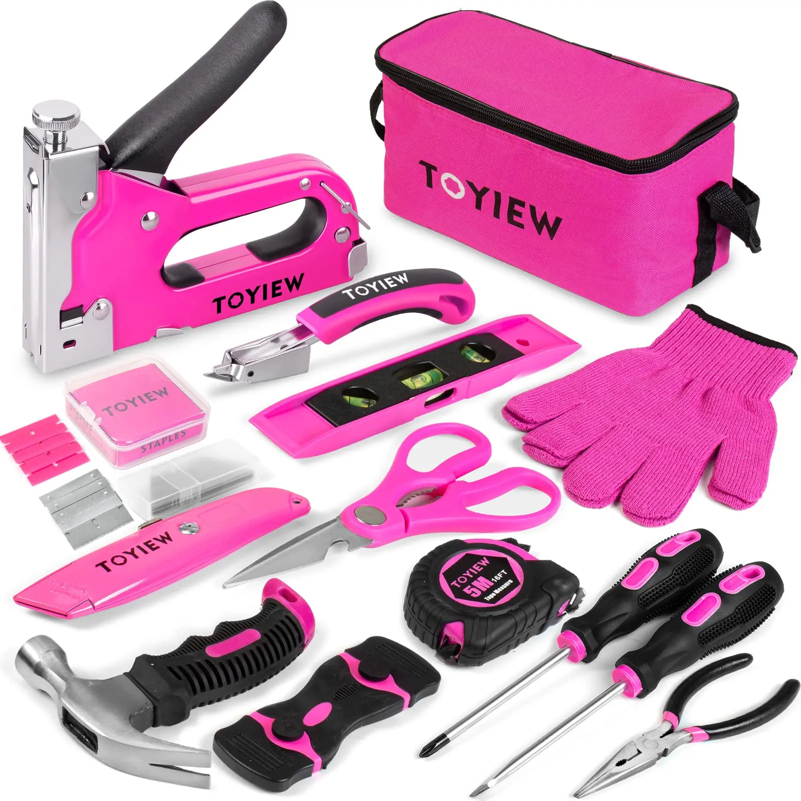 【summerfinds】33Pcs Pink Staple Gun Tool Set, 3 in 1 Upholstery Staple Gun for Wood Heavy Duty and 900 Staples, Perfect for DIY Decoration, Crafts, Carpentry, Arts, Pink Tool Kit for Women.Christmas gift sets.