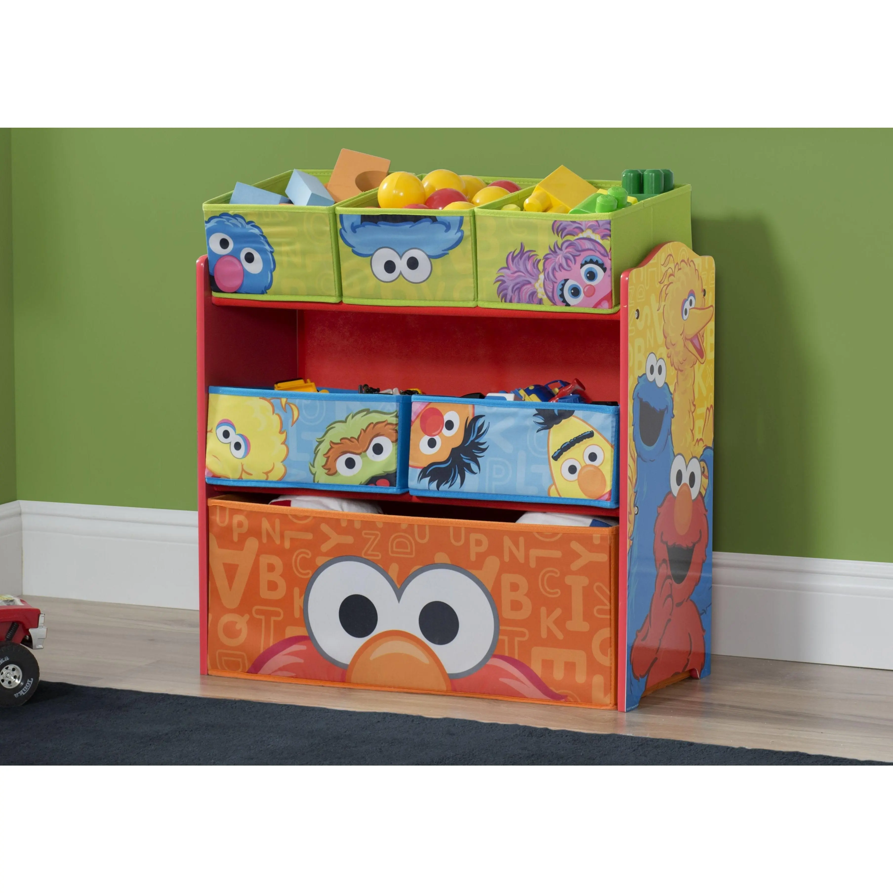 Sesame Street Wood Multi-Bin Toy Organizer, Easy Assembly Home Storage Boxes for Kids’ Playroom Organization