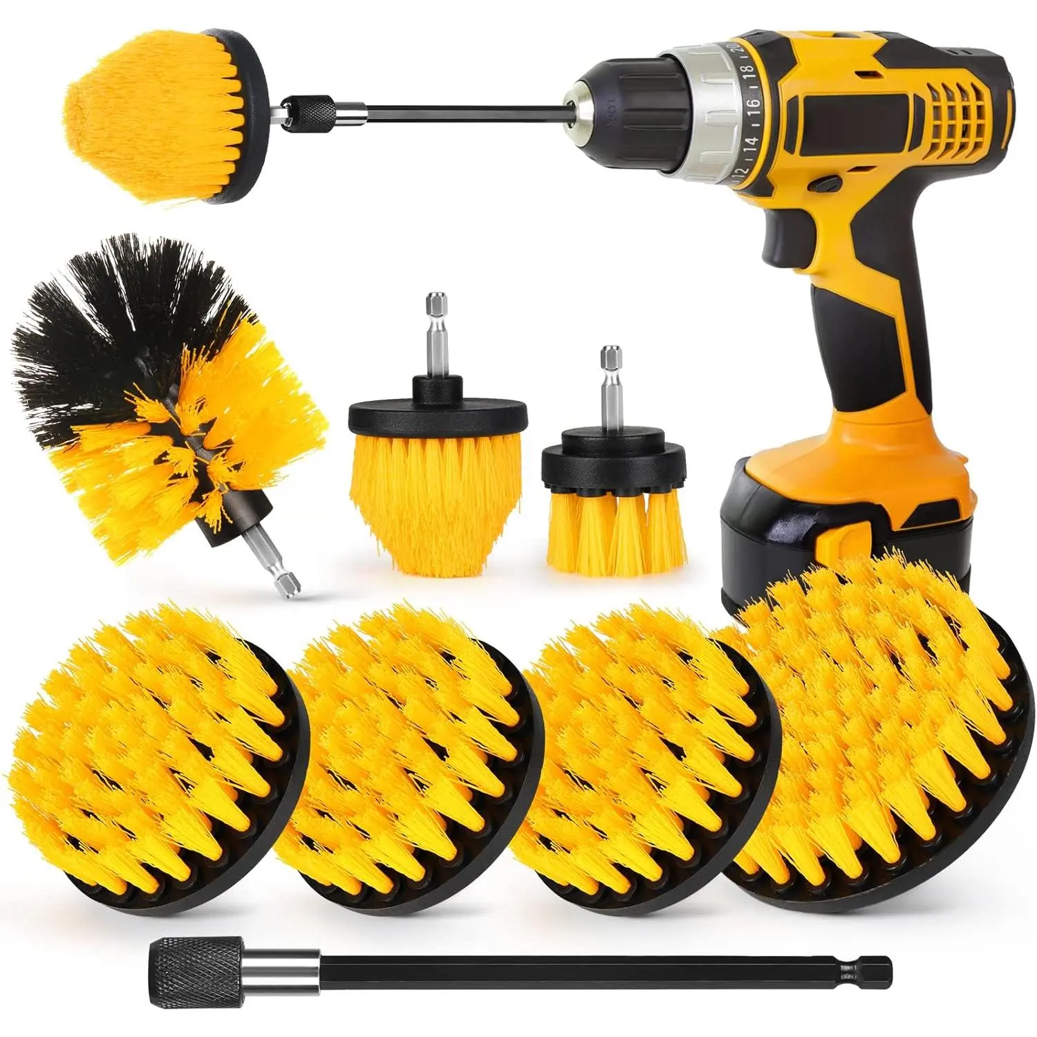 Drill Brush Attachment Set, 7 Pack 1/4in Power Scrubber Brush + Extend Long Rod, Brush Drill Attachment, Power Cleaning Scrub Brush for Bathroom, Tub, Tile, Corner, Floor