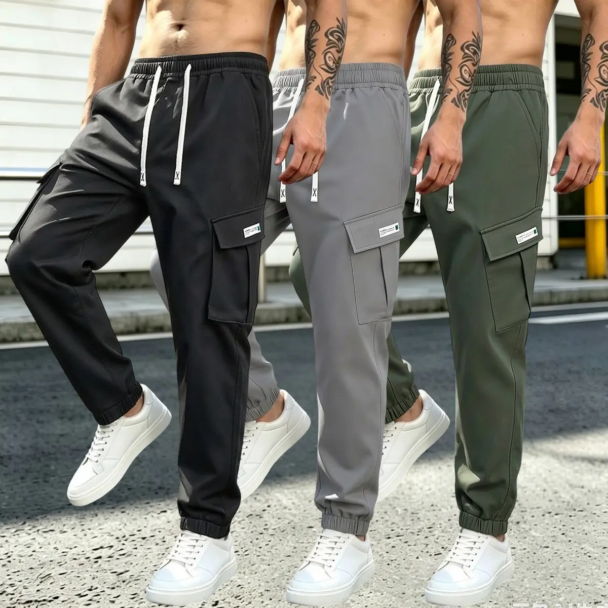 3Pcs Men'S All-Season Solid Color Multi-Pocket Cargo Pants, Breathable Comfortable Straight Trousers, Casual Versatile Men'S Bottoms with Drawstring And Side Pockets, Suitable for Daily Wear And Casual Outings, Holiday Gift