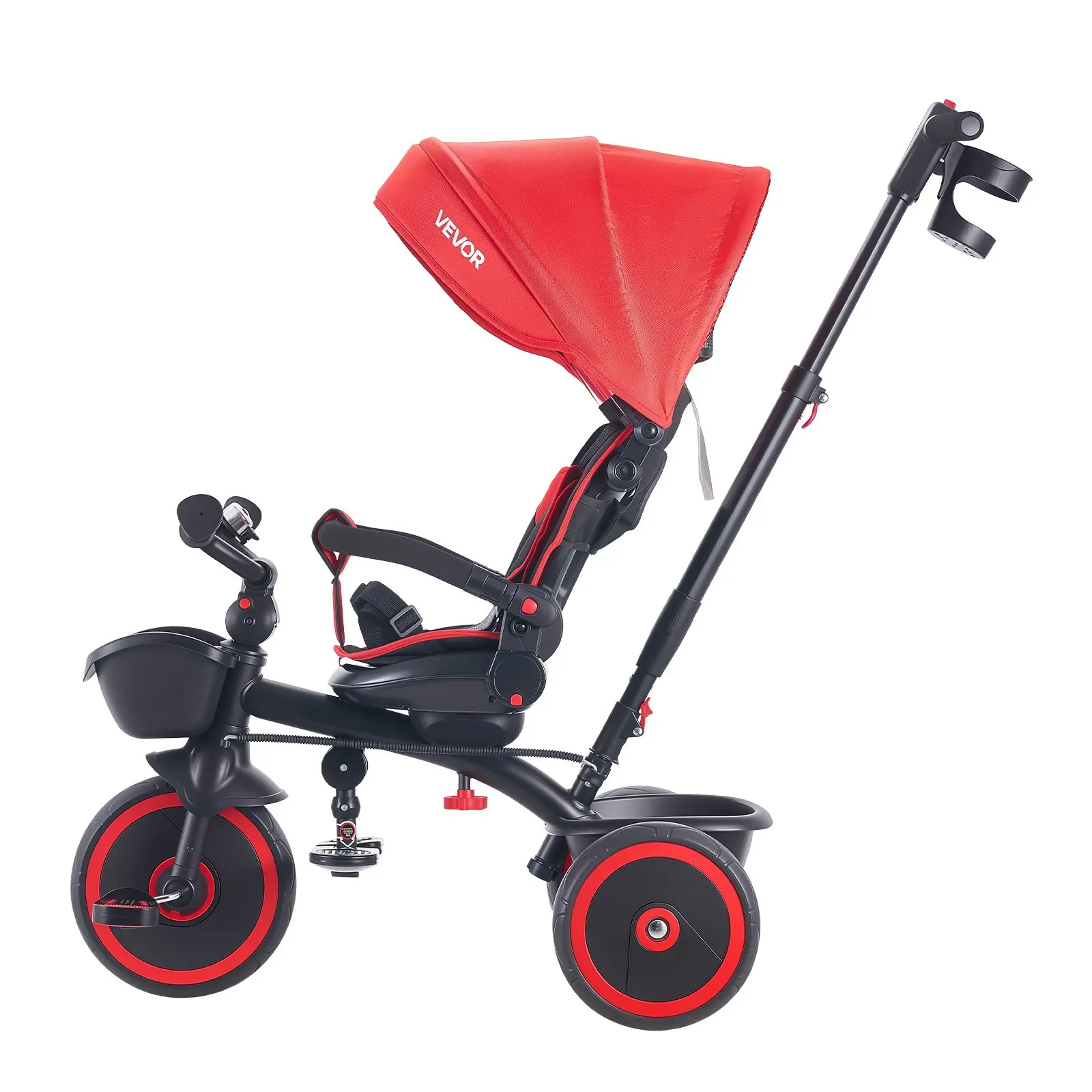 VEVOR Unisex 6-in-1 Tricycle-Stroller, Carbon Steel Triangular Frame, Canopy, Parent Push Handle, Adjustable Seat, Storage, Light Weight, Dual Rear Brakes, Durable, 55 lbs Capacity, for 2-5 Years Kids, Red/Black, 6-In-1 Mode
