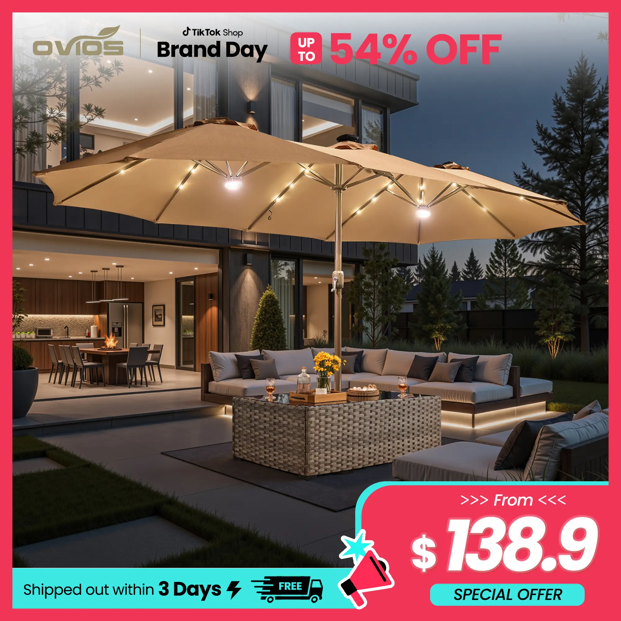 【Summerfinds】Ovios 15ft Double-Sided Patio Umbrella with Solar Lights & Umbrella Hold Table, Outdoor Large Umbrellas with Crank Handle and 36 LED Lights, Rectangular Market Umbrella with Base Included for Deck Pool Shade