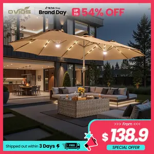【Rainbow Lighted Umbrella & Table】Ovios 15ft Double-Sided Patio Umbrella with Solar Lights & Umbrella Hold Table, Outdoor Large Umbrellas with Crank Handle and 36 LED Lights, Rectangular Market Umbrella with Base Included for Deck Pool Shade