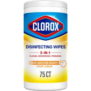 Clorox 75-Count Crisp Lemon Scent Bleach Free Disinfecting Cleaning Wipes, shoe cabinet, storage cabinet, kitchen counter, bathroom sink, bedroom nightstand, car seat, office desk, garage floor,basement wall,pet area,children's toys,bleach-free, disinfect