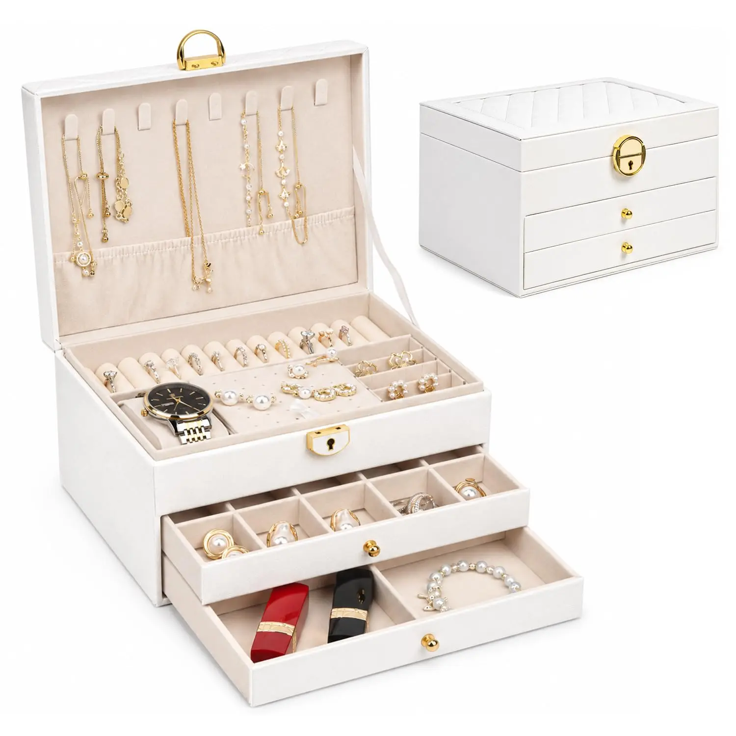 Leather Classic Universal Jewelry Organizer Box - 3-Layer Key Lockable Velvet Storage Case with Drawers for Earrings, Rings, Necklaces, Bracelets, Watches & Accessories (Waterproof)