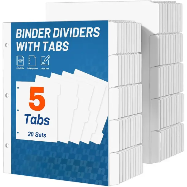 Binder Dividers with Tabs for 3 Ring Binder, 8.5 x 11 Paper White Binder Dividers Blank with 5 Tabs, 20 Sets Page Dividers for School, Office and Home, 100 Dividers