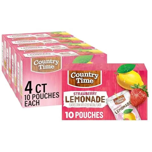 Country Time Strawberry Lemonade Ready to Drink Flavored Drink Pouches, 40 ct Pack, 4 Boxes of 10 Drink Pouches