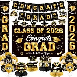 Graduation Decorations 2026 Black and Gold Party Decor Set include Congrats Grad Banner Graduation Backdrop Class of 2026 Balloons Party Supplies
