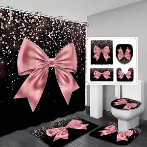 Satin Bowknot Shower Curtain Set, Large Size, Includes 12 Plastic Hooks, Non-Slip Mat, Toilet Lid Cover, Home Bathroom Decor, Bathroom Decoration Accessories