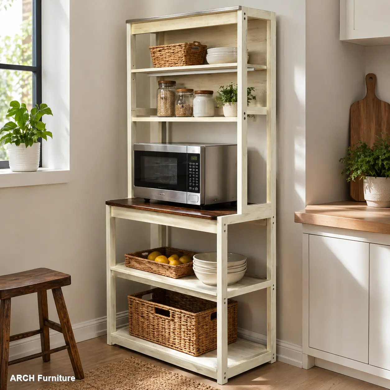 5-Tier 31.50in Floor-Standing Modern Organizational Multipurpose Baker's Rack, Rustic White & Brown Sturdy Indoor Furniture, Adjustable Shelves for Kitchen Supplies, Easy-Setup Microwave Stand, Modern Baker's Racks