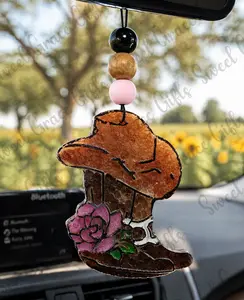 sweetgracebyRW Hand-Painted Cowgirl Boot Car Freshie - Pink Floral Design, Elastic Cord, Long-Lasting Western Fragrance, Western Look, Unique Charm, Handmade Hanging Car Interior Decor, Cute Cowgirl Gift
