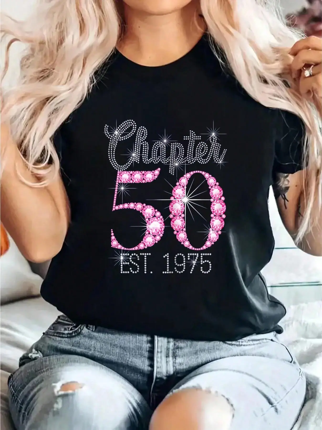 Women's Loose-Fitting Cotton Round Neck Short-Sleeve Graphic T-Shirt - Chapter 50 Est 1975 50th Birthday Design, Low Iron, Cold Wash, Do Not Bleach, Letters Print, Casual All-Season Womenswear Top