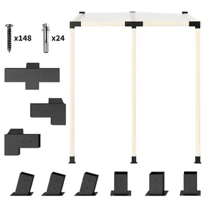 Pergola Kit – 15° Slanted Bracket Set for 3.6" x 3.6" Lumber. 9 Pieces: 4-Way, 3-Way Brackets, Post Bases & Wall Mounts. 0.1" Steel. Powder-Coated. 148 Screws + 24 Expansion Screws