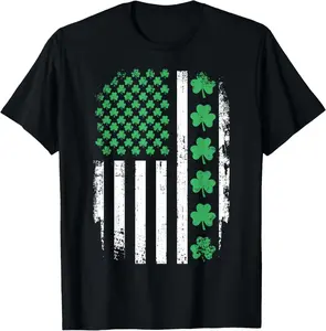 US American Flag with Shamrocks for St Patricks Day T-Shirt Pure Cotton Graphic Tees Menswear Top: Gifts for Men & Women