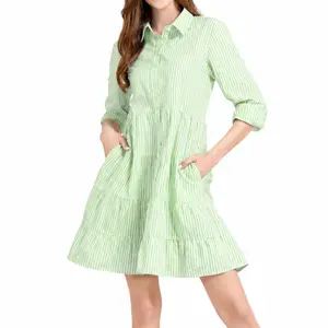 utcoco Women's Striped Button-Up Medium-Length Shirt Dress, Spring Loose-Fitting Cuffed Long-Sleeve Casual Dress, Spring Casual Dresses,summeroutfits,vacationoutfits,beachoutfits