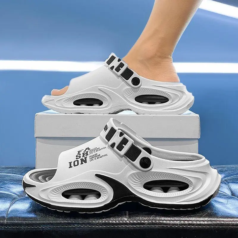 Men's Reversible Letter Print Slides, Thick Sole Waterproof Flipflop, Non-Slip Synthetic Walking Shoes for Summer Beach Wear, Footwear，sport slide