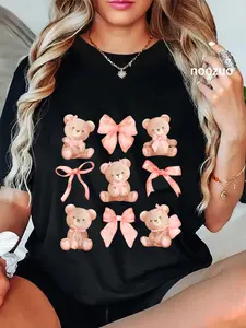 100% Cotton Coquette Teddy Bears Pink Bow Cute Women Girl Birthday T-Shirt