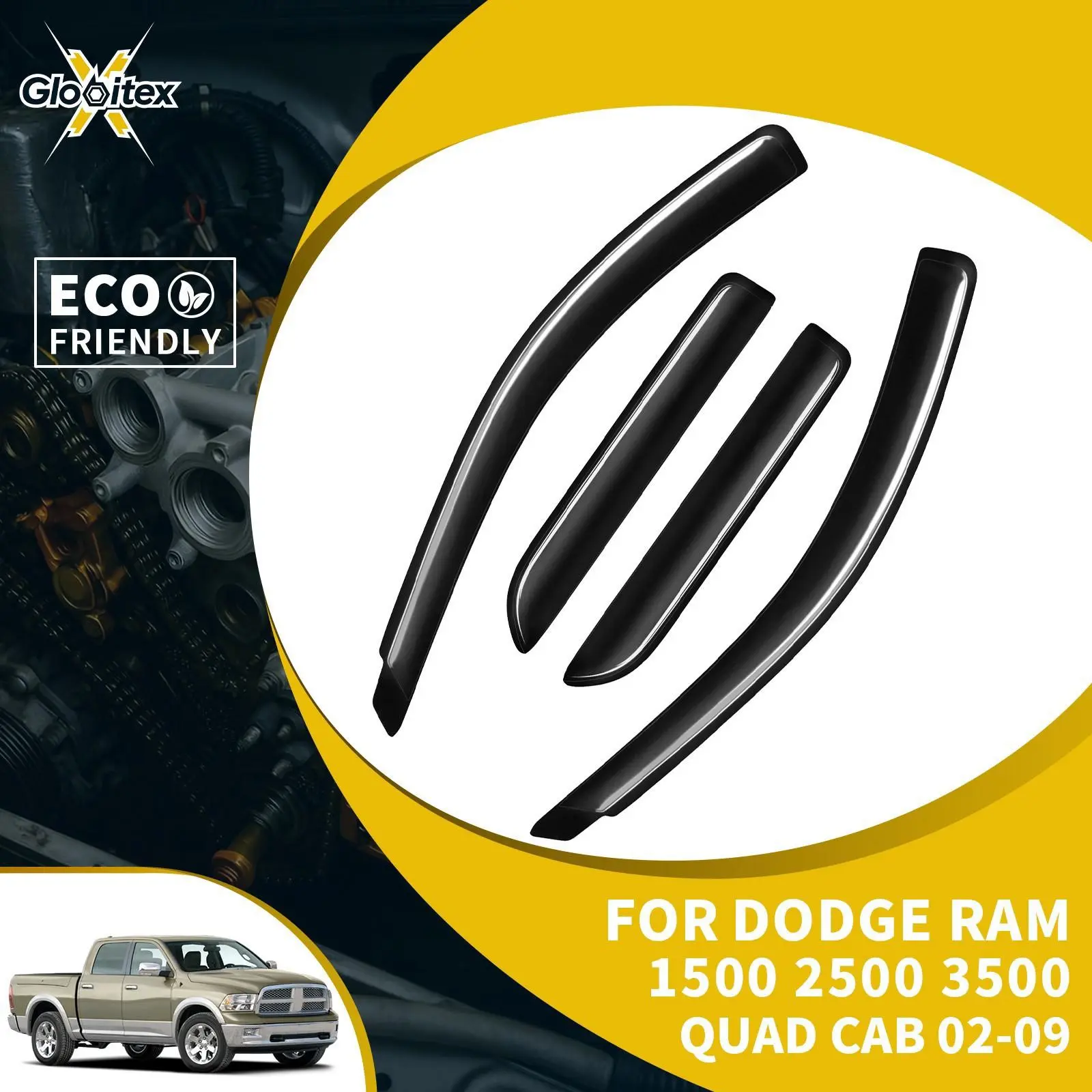 In-Channel Inside Window Visors Sun Rain Guards Vent for Dodge Ram 1500 2500 3500 Quad Cab / Extended Cab 2003-2009, Mount Wind Deflectors, 4PCS