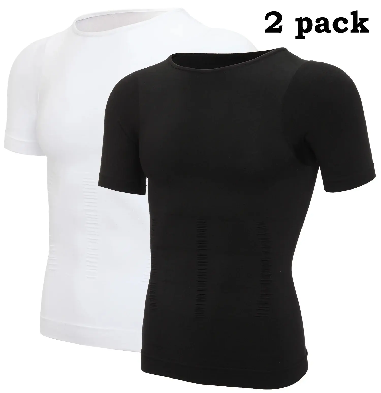 Men's 2-Pack Natural Compression Tummy Control Shapewear Shirt - Crew Neck, Short Sleeve, Solid, Breathable Nylon-Spandex Menswear Undershirt for Day Wear