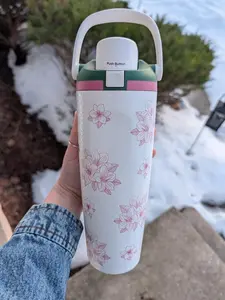Owala Cute Flower Print Tumbler 30oz with Handle | Double Wall Insulated Water Bottle | Cold 24H
