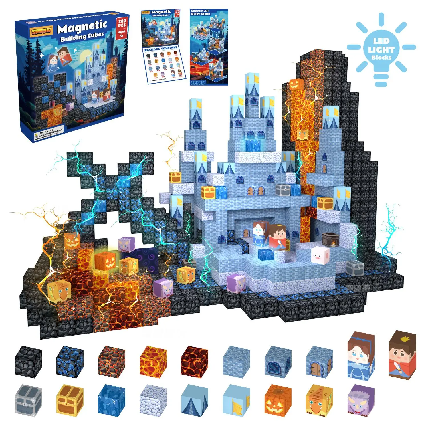 Magnetic Building Set - 150-Piece Magnetic Tiles, Blue Castle Creative Building Blocks, 21-Piece LED Light-Up Magnet Cubes, STEM Montessori Toy, Creative Building Block