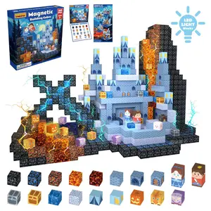 Magnetic Building Set - 150 Pieces Magnetic Tiles, Blue Castle Blocks, 21-Piece LED Light-Up Magnet Cube, STEM & Montessori Toy