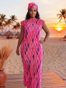 Women's Elegant Geometric Print Wrap Dress Set, Slim-Fitting Long Robe Shawl + Scarf, Beach Sun Protection Silk Scarf