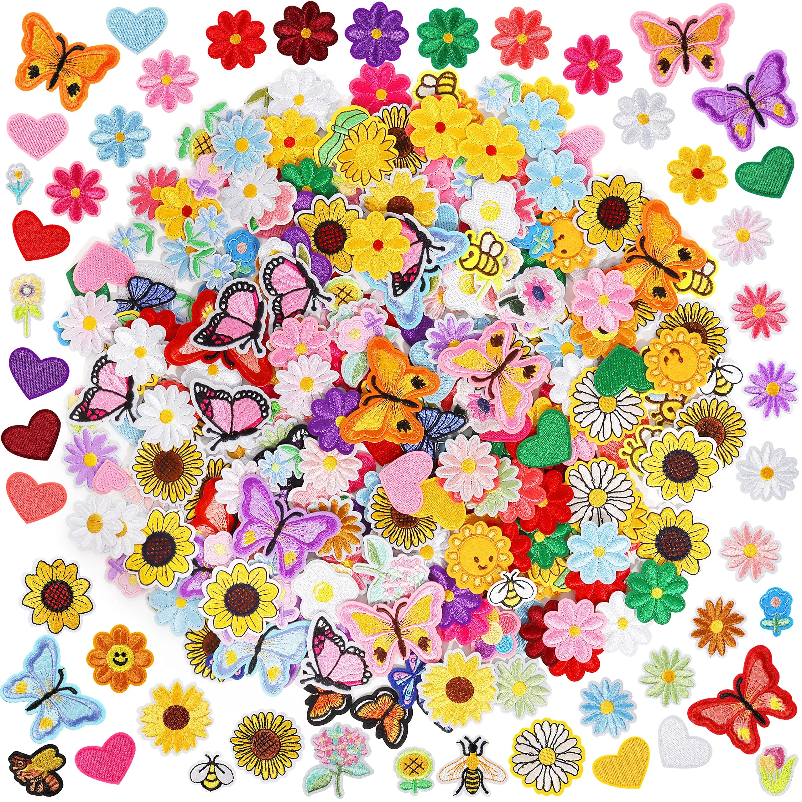 Random Iron on Patches for Clothing: 120PCS Flower Heart Patch Iron on Cute Butterfly Embroidered Sew Applique Repair Patches for Jeans Jackets Backpacks Decor Colorful Cotton Decorative Hanging Plastic Set Ornaments