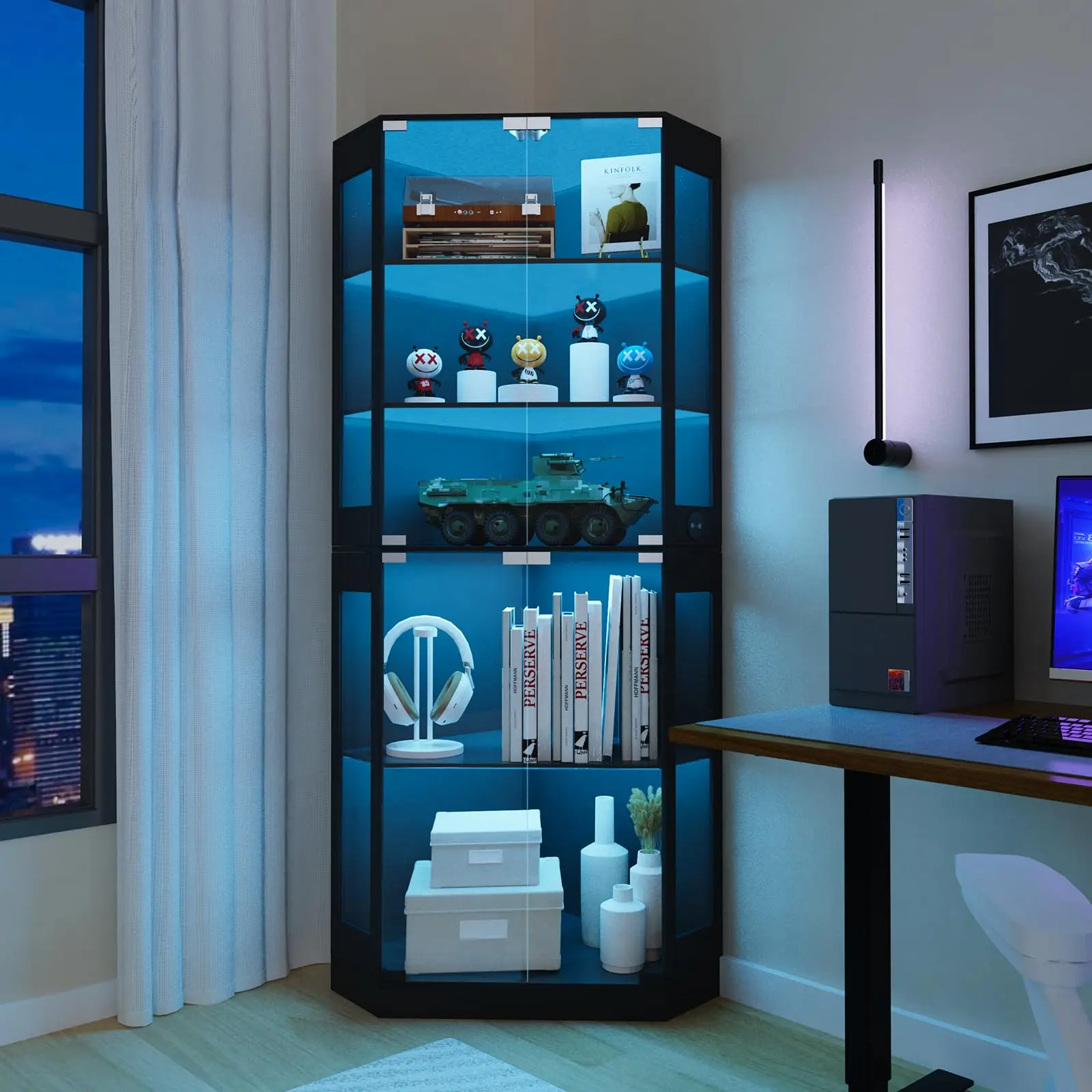 71" Display  with Double  Doors, 5-Tier Corner Display  with 3 Color LED Lights & Human Body Sensor  Display Case with Adjustable Shelves for Collection/Game Room cabinet glass