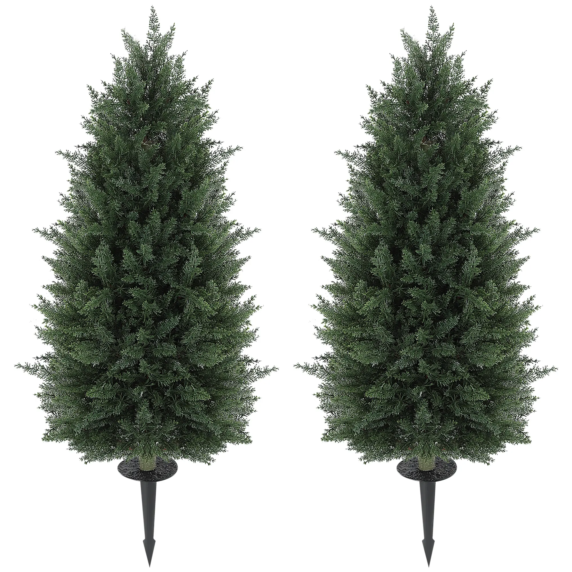 HOMCOM 43.3 Inch Set of 2 Artificial Topiary Cedar Trees, Indoor Outdoor Faux Pine Shrubs Plants, UV Resistant Realistic Artificial Bushes with Ground Stake for Garden, Porch, Balcony