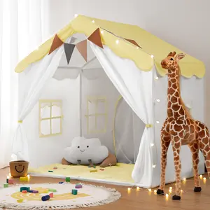 Besrey Kids Tent Playhouse, 2-in-1 Large Play Tent with LED Lights, Padded Mat, 2 Doors and 4 Windows for Indoor and Outdoor Family Fun
