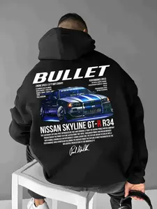 Unisex's Car & Letter Print Hoodie, Street Style Loose Graphic Hooded Sweatshirt for Daily Outdoor Wear, Unisex's Clothes for All Seasons, Casual Hooded Sweatshirt