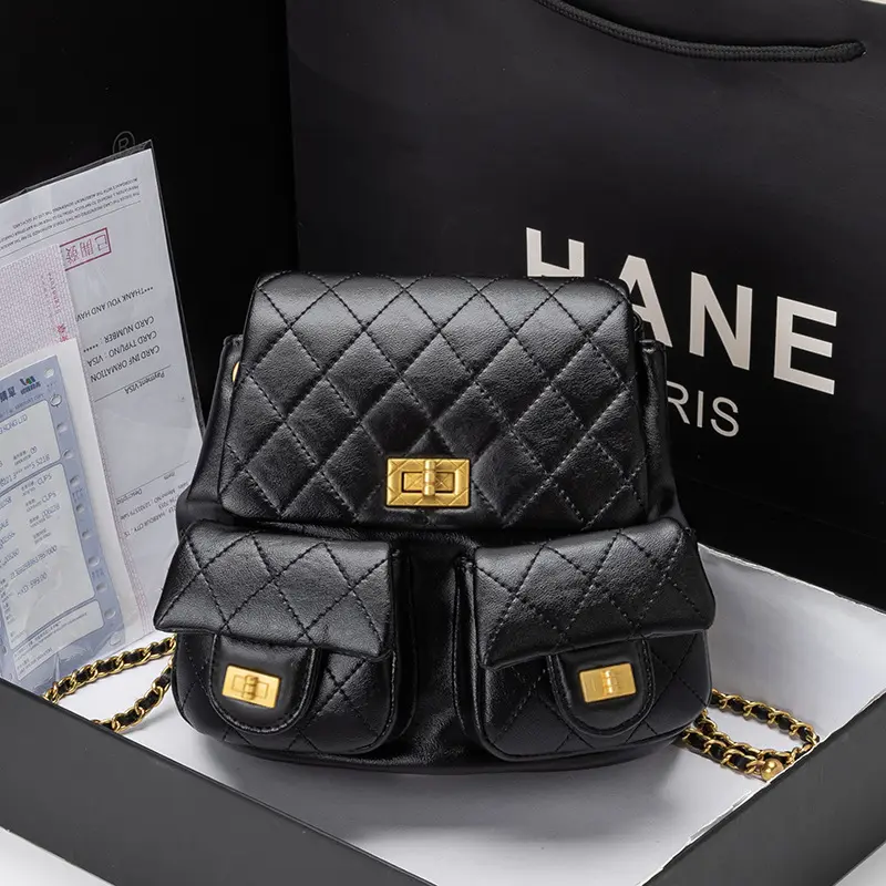 Women's Quilted Adjustable Gold Chain Mini Backpack - Multi Front Pockets, Square Lock Crossbody Shoulder Bag for Luxury Daily Commute, Adjustable Chain
