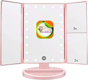 Makeup Mirror Tri-fold Lighted with 3x/2x Magnification, 21 LED Lights and Touch Screen, 180 Degrees Free Rotation Countertop Cosmetic Mirror, Travel (Pink)