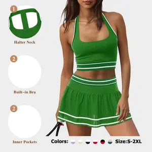 Fisoew Womens 2 Piece Tennis Skirt Sets Workout Set Halter Backless Sports Bra and Golf Skort Athletic Matching Outfits