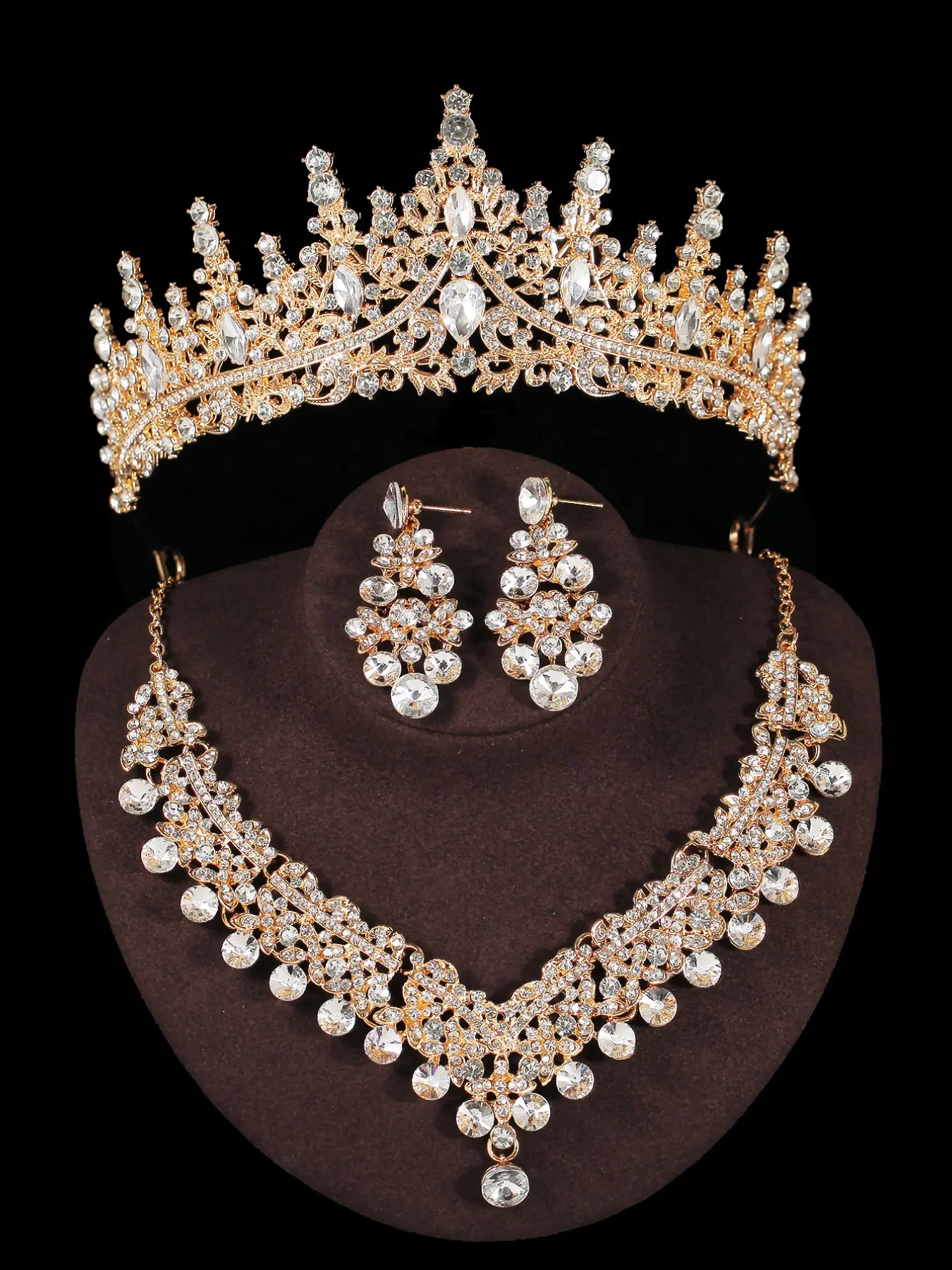 A set of fashionable jewelry for women's weddings, bridal accessories, rhinestone crowns with gorgeous necklaces and earrings, 4-piece wedding jewelry set, Trendy Jewelry Set, Elegant Jewelry Set, suitable for weddings, parties, parties, and golden dances