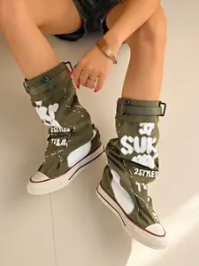 Meadow High Top Casual Sneakers, Trainer, Letter Graffiti + Buckle Design, Street Style Fullness, Fashionable PU Upper, Rubber Sole, All Seasons