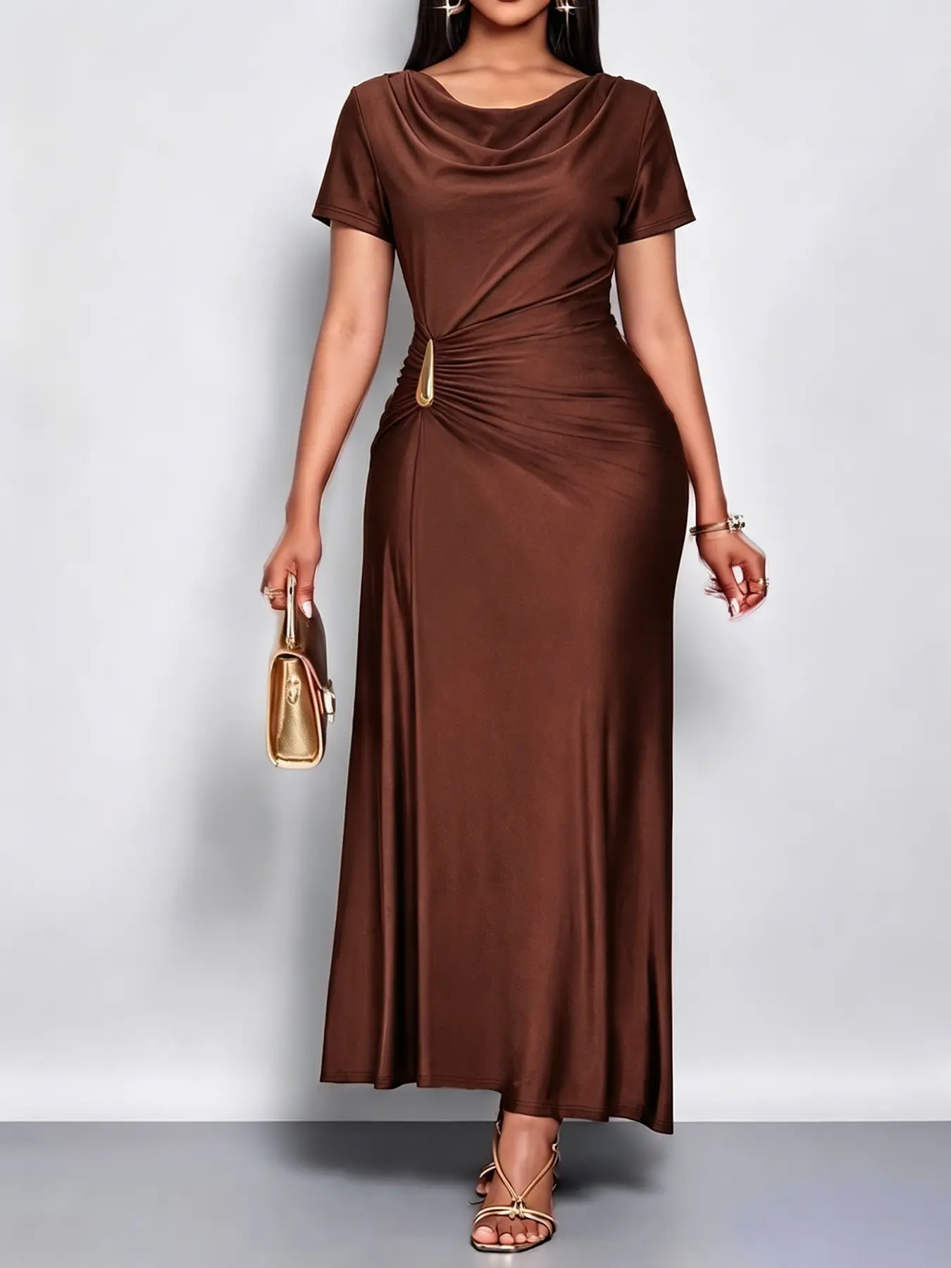 Elegant Chic Camel Color Long Bodycon Dress, Short Sleeve, Cowl Neck, Plain Pattern, Soft Elastic Polyester Fabric, Side Metal Buckle, Perfect for Office, Dinner, Date, Photo Shoot