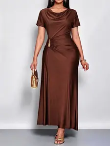 Elegant Camel Color Long Bodycon Dress, Short Sleeve, Cowl Neck, Plain Pattern, Soft Elastic Fabric, Side Metal Buckle, Perfect for Office, Dinner, Date, Photo Shoot