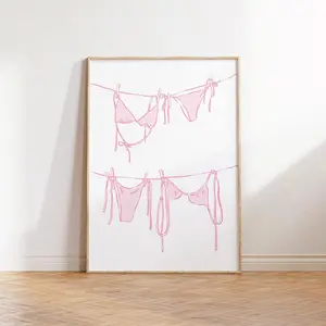 Bikini Print, Pink Beachy Wall Art, Coastal Bikinis on Clothesline Poster, Girly Summer Dorm Decor