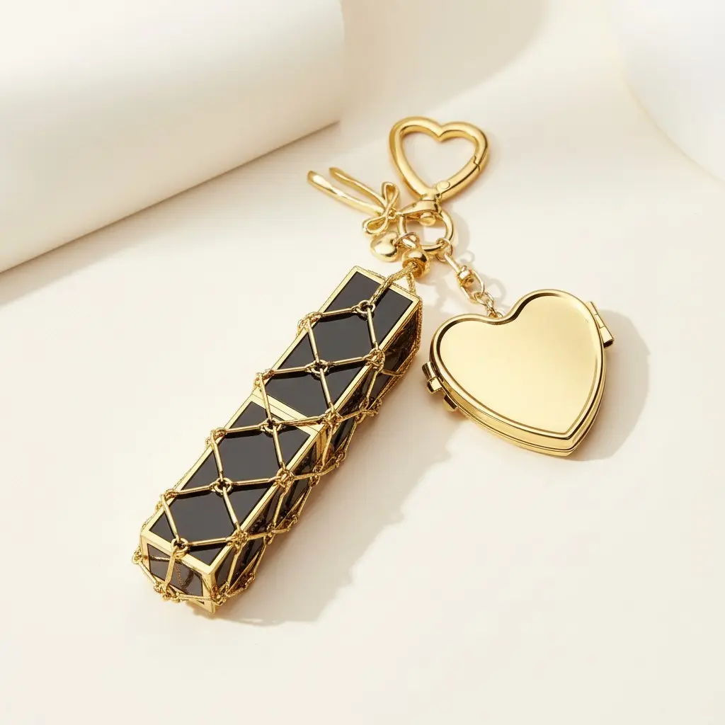 Keychain Lipstick Case with Mirror Bag Accessory Stainless Steel Mesh Holder Gold & Silver Y2K Style Heart & Star for Lipsticks & Lighters Cute Stylish Keychain for Women & Girls