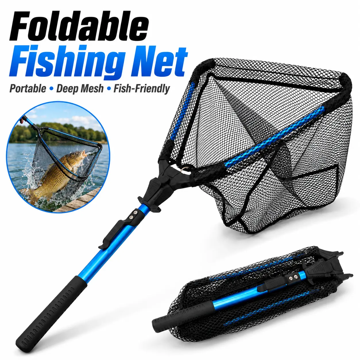 Upgraded Foldable Fishing Net, Fishing Gift for Men, Tangle-Free Anti-Snag Coated Landing Net, Quick Release & Easy Fold, Portable Fishing Gear for Ranger Boat, Kayak & Trout Salmon Bass Fishing