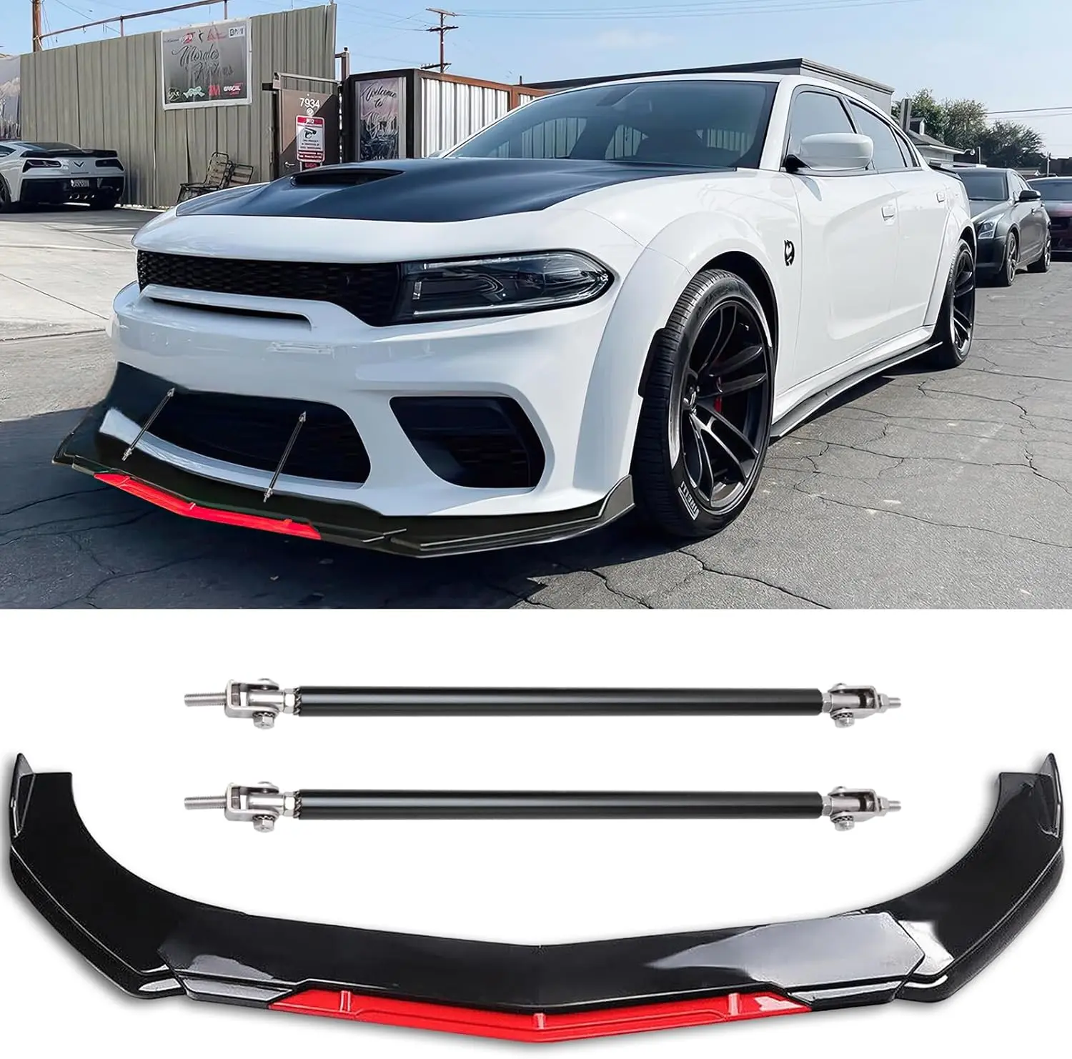 Glossy Black A-Style Car Front Bumper Lip Chin Splitter Spoiler Air Dam (ABS Plastic Car Accessories) w/Red-Tongue Accent, 66.9"-76.7" Fit, 2 x 8"-11" Adjustable Strut Rods, Drill-Required for Crash Protection, Sporty Look & Driving Stability